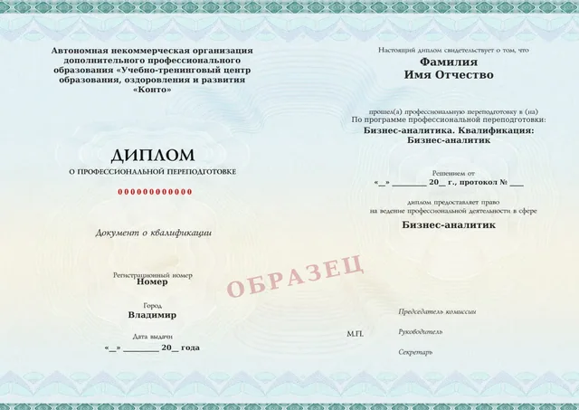 Образец документа «Диплом о профессиональной переподготовке» по программе 91.02 «Бизнес-аналитика»