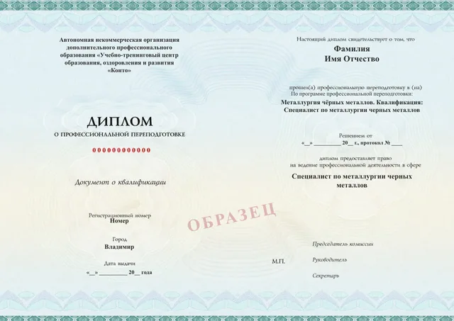 Образец документа «Диплом о профессиональной переподготовке» по программе 38.02 «Чёрная металлургия — профессиональная переподготовка»