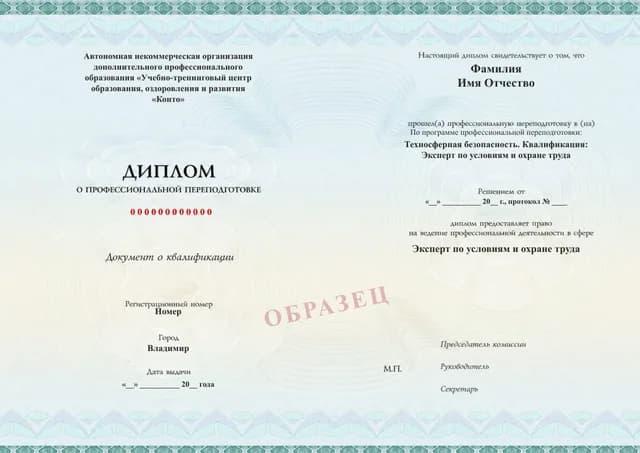 Образец документа «Диплом о профессиональной переподготовке» по программе 49.18 «Эксперт по условиям и охране труда — переподготовка»