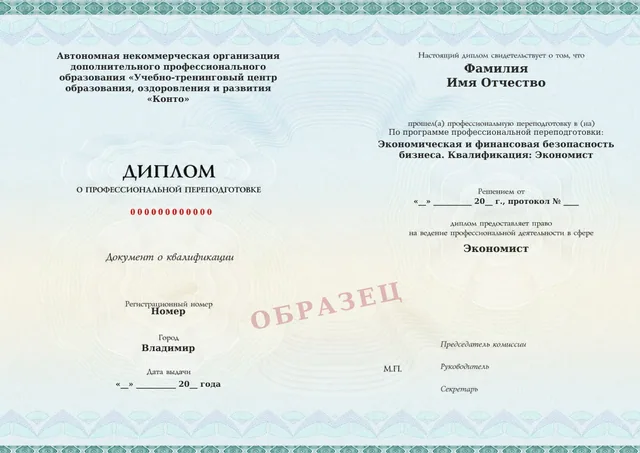 Образец документа «Диплом о профессиональной переподготовке» по программе 91.04 «Экономическая и финансовая безопасность бизнеса»