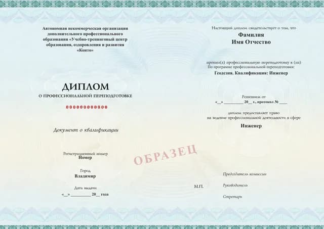Образец документа «Диплом о профессиональной переподготовке» по программе 09.06 «Обучение геодезиста»