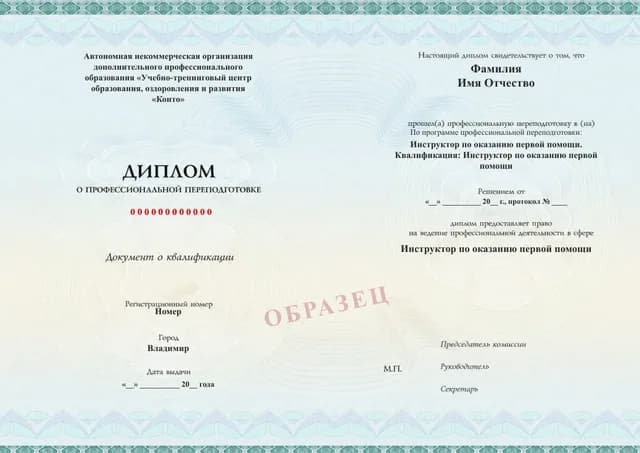 Образец документа «Диплом о профессиональной переподготовке» по программе 54.01 «Профессиональная переподготовка инструктора по первой помощи»