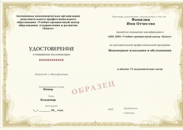 Образец документа «Удостоверение о повышении квалификации» по программе 82.171 «Инженерные изыскания и обследования»