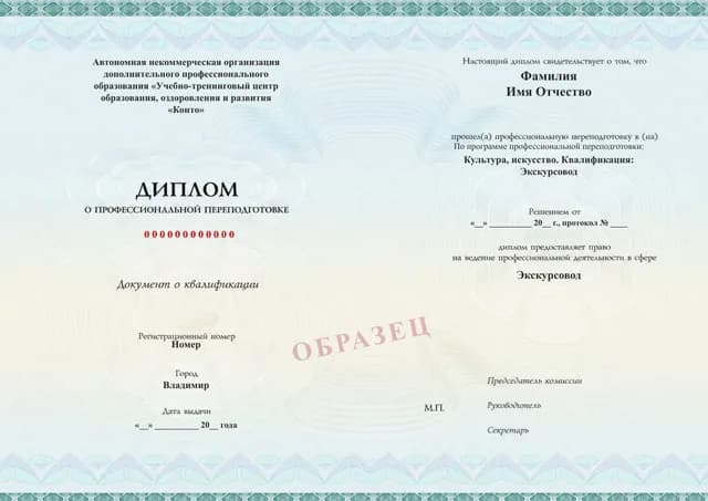 Образец документа «Диплом о профессиональной переподготовке» по программе 86.11 «Экскурсовод в сфере культуры и искусства: переподготовка»