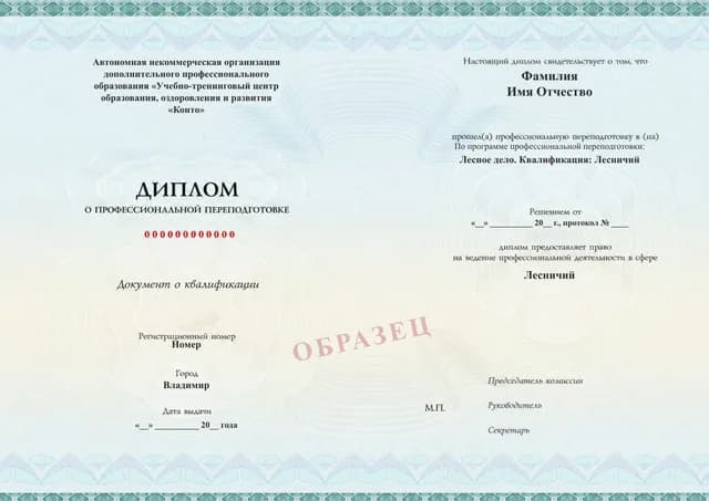 Образец документа «Диплом о профессиональной переподготовке» по программе 29.02 «Лесное дело: профессиональная переподготовка»