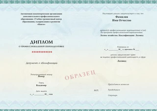 Образец документа «Диплом о профессиональной переподготовке» по программе 29.01 «Лесное хозяйство. Квалификация: Лесовод»