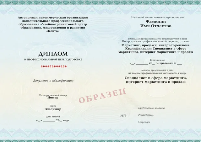 Образец документа «Диплом о профессиональной переподготовке» по программе 33.02 «Маркетинг, продажи, интернет-реклама»