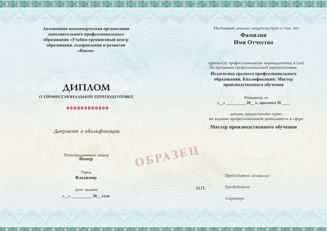 Образец документа «Диплом о профессиональной переподготовке» по программе 53.14 «Мастер производственного обучения — профессиональная переподготовка»