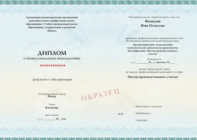 Образец документа «Диплом о профессиональной переподготовке» по программе 35.08 «Мастер производственного участка»