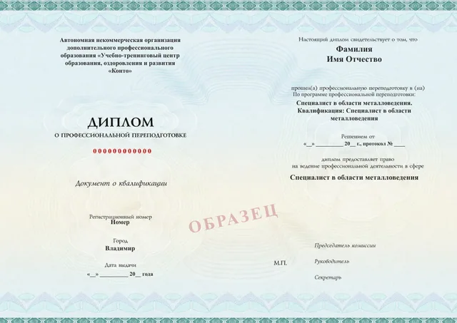 Образец документа «Диплом о профессиональной переподготовке» по программе 38.04 «Металловедение — профессиональная переподготовка»