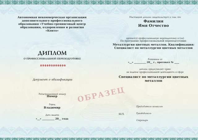 Образец документа «Диплом о профессиональной переподготовке» по программе 38.09 «Профессиональная переподготовка по металлургии цветных металлов»