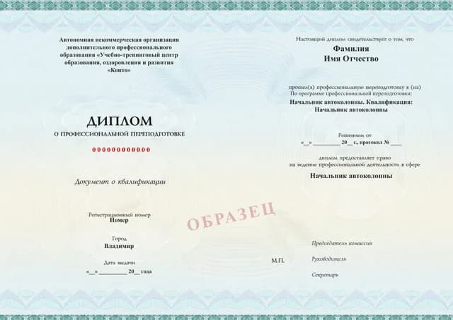 Образец документа «Диплом о профессиональной переподготовке» по программе 85.01 «Начальник автоколонны. Квалификация: Начальник автоколонны»