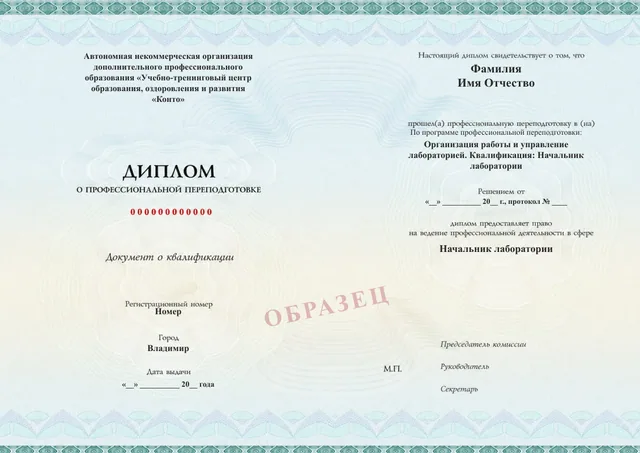 Образец документа «Диплом о профессиональной переподготовке» по программе 27.05 «Начальник лаборатории — организация работы и управление»