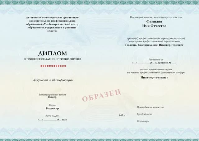 Образец документа «Диплом о профессиональной переподготовке» по программе 09.10 «Обучение геодезиста»
