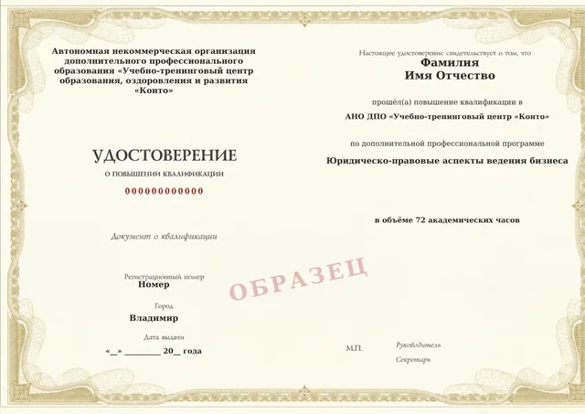 Образец документа «Удостоверение о повышении квалификации» по программе 57.11 «Юридическо-правовые аспекты ведения бизнеса»