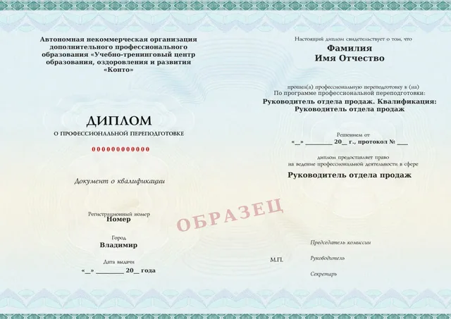 Образец документа «Диплом о профессиональной переподготовке» по программе 58.02 «Руководитель отдела продаж»