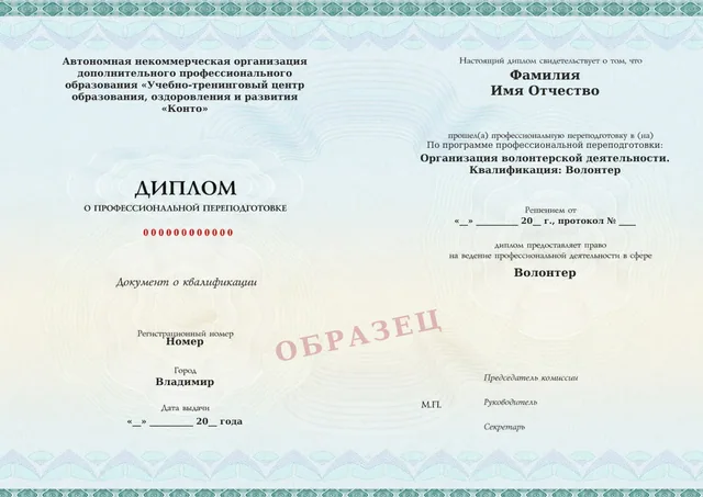 Образец документа «Диплом о профессиональной переподготовке» по программе 79.04 «Организация волонтерской деятельности»