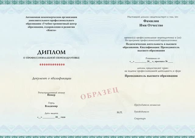 Образец документа «Диплом о профессиональной переподготовке» по программе 52.02 «Преподаватель высшего образования»
