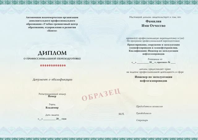 Образец документа «Диплом о профессиональной переподготовке» по программе 43.03 «Проектирование и эксплуатация нефтегазопроводов»
