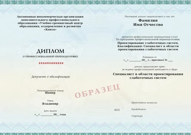 Образец документа «Диплом о профессиональной переподготовке» по программе 55.09 «Профессиональная переподготовка по проектированию слаботочных систем»