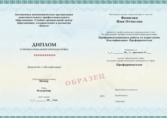 Образец документа «Диплом о профессиональной переподготовке» по программе 63.10 «Профессиональная переподготовка на профориентолога»