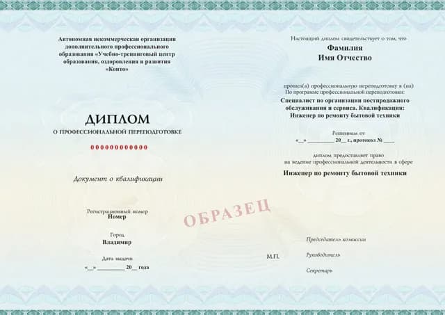 Образец документа «Диплом о профессиональной переподготовке» по программе 80.04 «Обучение ремонту бытовой техники»