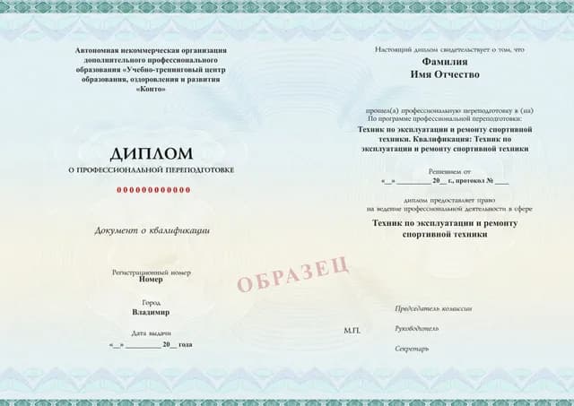 Образец документа «Диплом о профессиональной переподготовке» по программе 80.02 «Обучение ремонту спортивного инвентаря»
