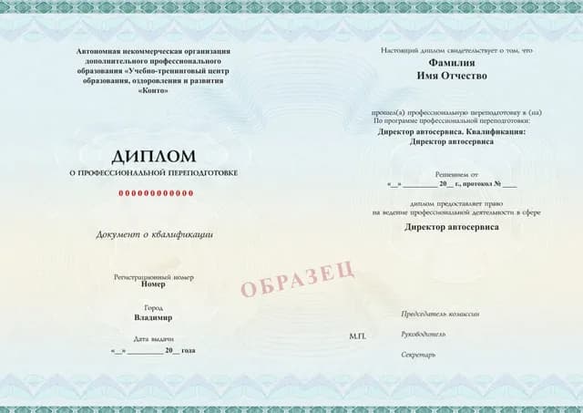 Образец документа «Диплом о профессиональной переподготовке» по программе 44.02 «Профессиональная переподготовка руководителя автосервиса»