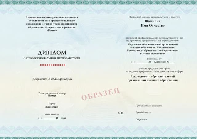Образец документа «Диплом о профессиональной переподготовке» по программе 52.03 «Руководитель образовательной организации высшего образования»