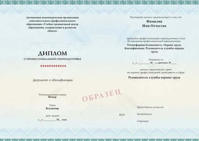 Образец документа «Диплом о профессиональной переподготовке» по программе 49.04 «Руководитель службы охраны труда — переподготовка»