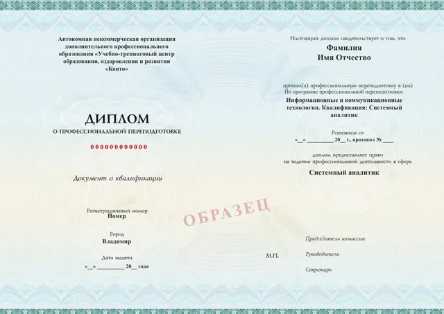 Образец документа «Диплом о профессиональной переподготовке» по программе 19.20 «Системный аналитик — профессиональная переподготовка»