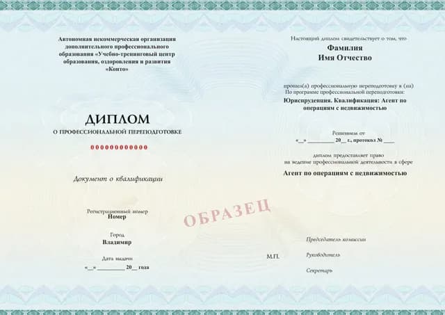 Образец документа «Диплом о профессиональной переподготовке» по программе 99.11 «Профессиональная переподготовка по операциям с недвижимостью»