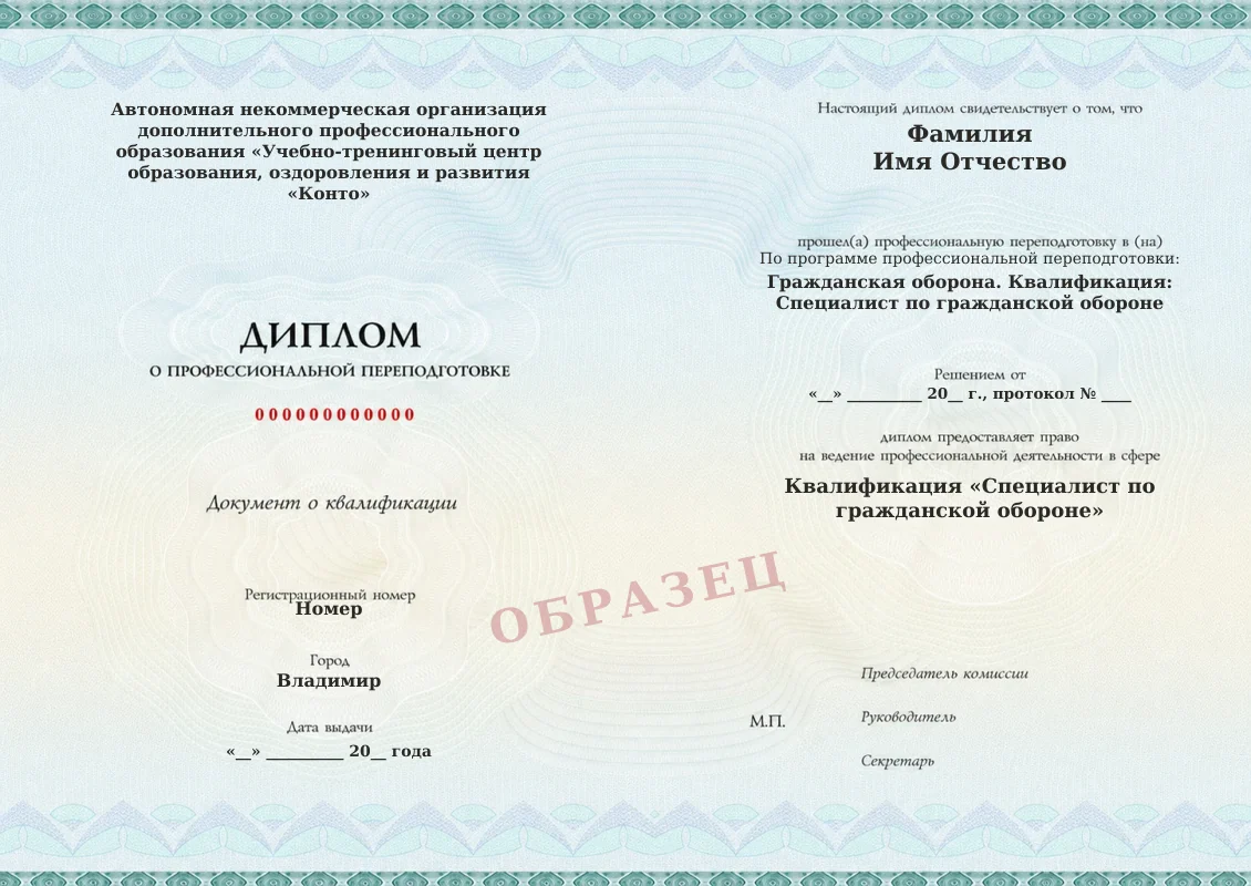 Образец документа «Диплом о профессиональной переподготовке» по программе «Гражданская оборона. Квалификация: Специалист по гражданской обороне»