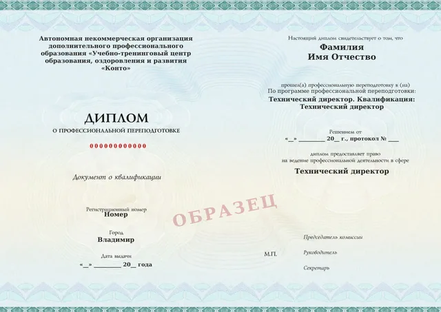 Образец документа «Диплом о профессиональной переподготовке» по программе 37.16 «Технический директор»