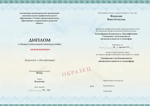 Образец документа «Диплом о профессиональной переподготовке» по программе 49.01 «Техносферная безопасность — профессиональная переподготовка»