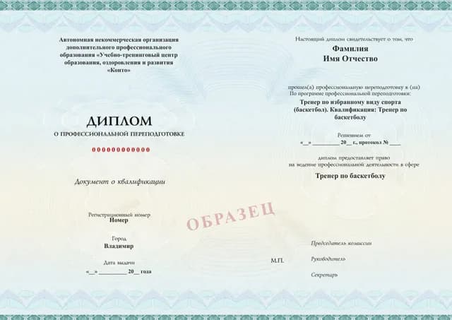 Образец документа «Диплом о профессиональной переподготовке» по программе 89.67 «Профессиональная переподготовка на тренера по баскетболу»