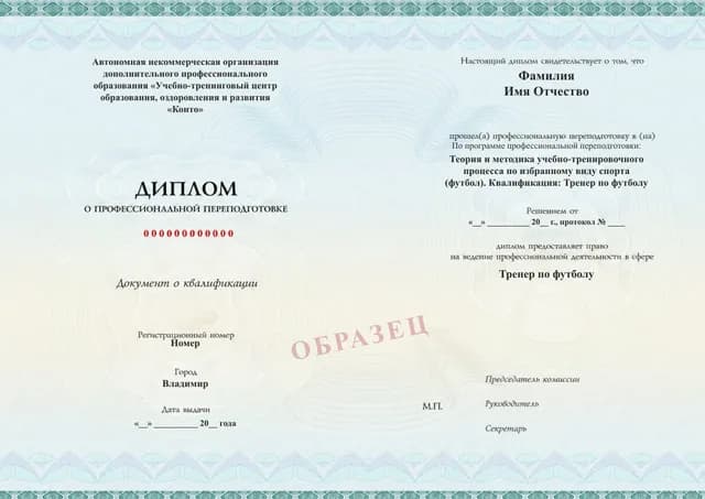 Образец документа «Диплом о профессиональной переподготовке» по программе 89.09 «Курсы тренера по футболу»