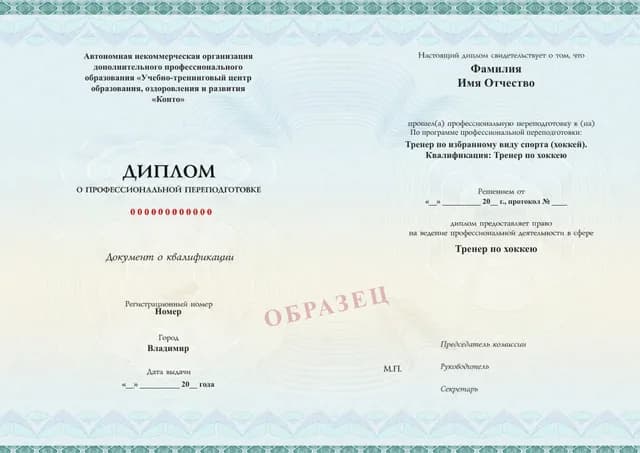 Образец документа «Диплом о профессиональной переподготовке» по программе 89.08 «Переподготовка на тренера по хоккею»