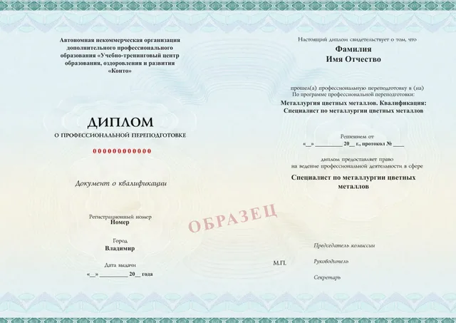 Образец документа «Диплом о профессиональной переподготовке» по программе 38.09 «Цветная металлургия — профессиональная переподготовка»