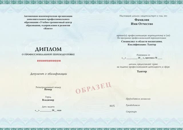Образец документа «Диплом о профессиональной переподготовке» по программе 51.33 «Специалист в области воспитания. Квалификация: Тьютор»