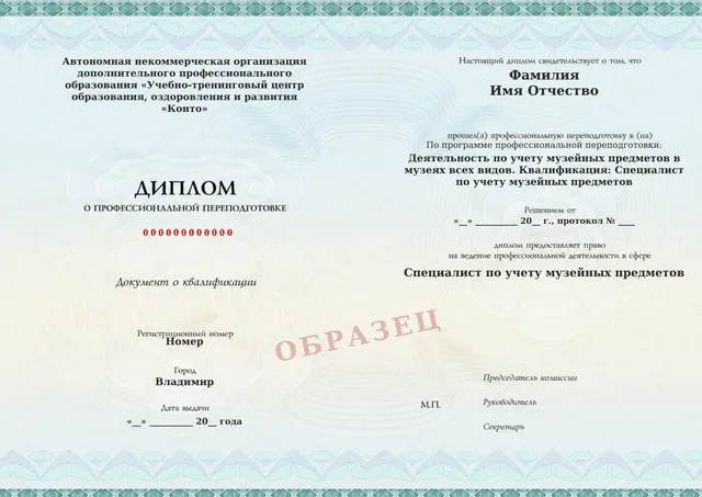 Образец документа «Диплом о профессиональной переподготовке» по программе 41.09 «Деятельность по учету музейных предметов в музеях всех видов»