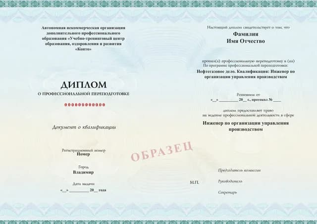 Образец документа «Диплом о профессиональной переподготовке» по программе 43.08 «Управление нефтегазовым производством»