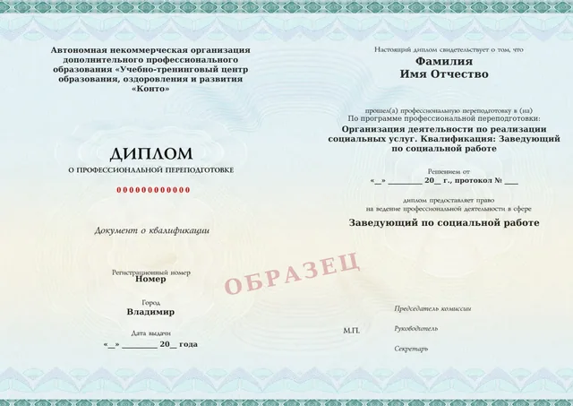 Образец документа «Диплом о профессиональной переподготовке» по программе 79.01 «Организация деятельности по реализации социальных услуг»