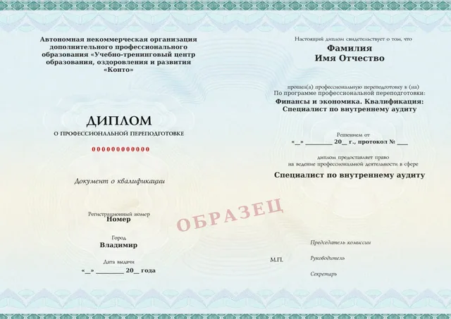Образец документа «Диплом о профессиональной переподготовке» по программе 91.43 «внутреннего аудита»