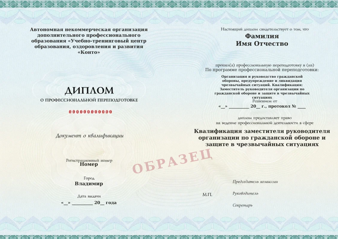 Образец документа «Диплом о профессиональной переподготовке» по программе «Организация и руководство гражданской обороны, предупреждение и ликвидация чрезвычайных ситуаций. Квалификация: Заместитель руководителя организации по гражданской обороне и защите в чрезвычайных ситуациях»