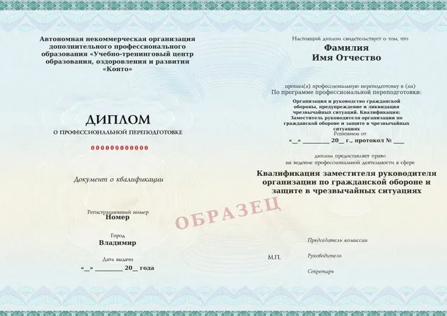 Образец документа «Диплом о профессиональной переподготовке» по программе «Организация и руководство гражданской обороны, предупреждение и ликвидация чрезвычайных ситуаций. Квалификация: Заместитель руководителя организации по гражданской обороне и защите в чрезвычайных ситуациях»